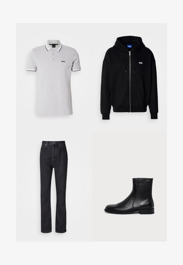 Hoodie zippé noir en tissu doux, avec une poche avant, une capuche à cordon et un petit logo blanc sur la poitrine gauche.; Polo gris en coton avec une patte de boutonnage à deux boutons, un col et des poignets de manches blancs contrastants, et un petit logo noir sur la poitrine.; Jean en denim noir taille haute avec fermeture à bouton et à glissière, poches avant et arrière, et coupe droite.; Bottine en cuir noir à talon bas, couture latérale et petit logo "HUGO" sur le revers supérieur sur un fond uni.