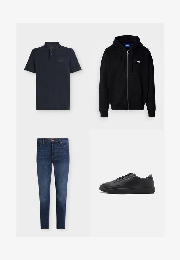 Sudadera con cremallera negra hecha de tejido suave, con un bolsillo frontal, capucha con cordón y un pequeño logo blanco en el lado izquierdo del pecho.; Polo azul marino de manga corta con tapeta de dos botones y logo sutil "BOSS" en el pecho izquierdo.; Vaqueros ajustados de color azul oscuro con bolsillos delanteros, trabillas para cinturón, cierre de botón y un sutil desgaste en los muslos y las rodillas.; Zapatillas de cuero negro con una textura suave, punta redondeada, suela plana de goma y cordones a tono. Presentan el logotipo dorado "BOSS" en el lateral.