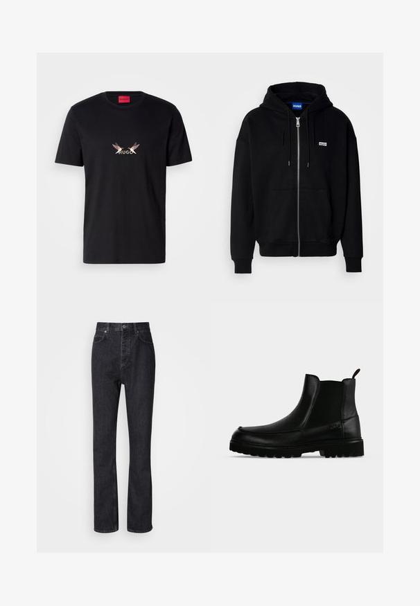 Zwarte ritshoodie van zacht materiaal, met een voorkantzak, een capuchon met koorden en een klein wit logo op de linkerborst.; Zwarte katoenen t-shirt met een grafische afbeelding aan de voorkant met het woord "HUGO" en twee gestileerde vogelontwerpen in lichte en donkere kleuren.; Hoge taille zwarte denim jeans met een knoop- en ritssluiting, voor- en achterzakken en een rechte pasvorm.; Zwarte leren enkellaars met een gestructureerde zool, elastische zijpanelen en een trekriempje op een lichtgrijze achtergrond.