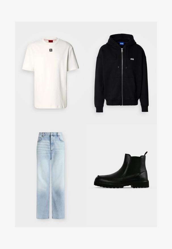 Hoodie zippé noir en tissu doux, avec une poche avant, une capuche à cordon et un petit logo blanc sur la poitrine gauche.; T-shirt en coton blanc avec un col rond, des manches courtes et un petit logo carré noir avec "HUGO" sur la poitrine. Design simple, texture douce.; Jeans bleu clair taille haute à jambes droites, avec poches avant, passants de ceinture et fermeture par bouton.; Bottine noire en cuir avec semelle texturée, panneaux latéraux élastiques et languette de tirage sur fond gris clair.