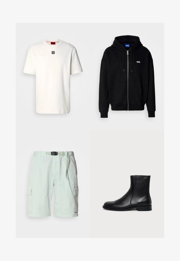 Sudadera con cremallera negra hecha de tejido suave, con un bolsillo frontal, capucha con cordón y un pequeño logo blanco en el lado izquierdo del pecho.; Camiseta de algodón blanca con cuello redondo, mangas cortas y un pequeño logotipo cuadrado negro con "HUGO" en el pecho. Diseño sencillo, textura suave.; Pantalones cortos cargo verde claro fabricados con un tejido ligero, que cuentan con un cinturón, bolsillos laterales y un corte relajado.; Botín negro de cuero con tacón bajo, costura lateral y pequeño logo "HUGO" en el puño superior sobre un fondo liso.