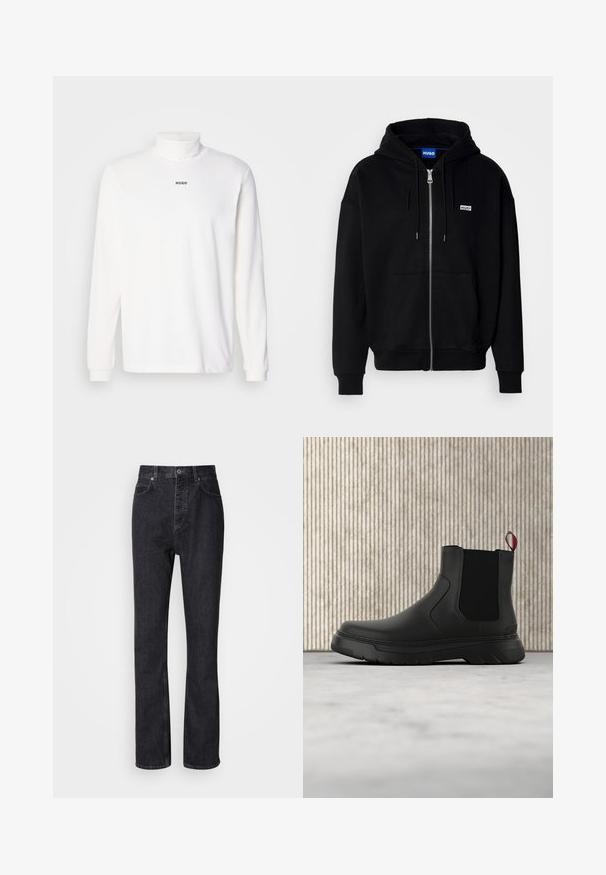 Sort hættejakke med lynlås lavet af blødt stof, med en forlomme, snoretræk i hætten og et lille hvidt logo på venstre bryst.; Hvid langærmet turtleneck trøje lavet af blødt stof, med et diskret sort "HUGO" logo på forsiden og tætsiddende manchetter.; Høj talje sorte denim jeans med knap- og lynlåsåbning, for- og baglommer samt lige ben.; Sort ankelstøvle med en glat overflade, elastiske sidepaneler og en kontrasterende rød træksløjfe, der har en tyk gummisål og rund tå.