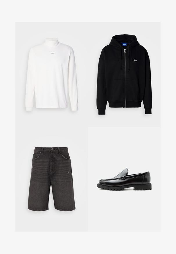 Sudadera con cremallera negra hecha de tejido suave, con un bolsillo frontal, capucha con cordón y un pequeño logo blanco en el lado izquierdo del pecho.; Camisa de cuello alto de manga larga blanca, hecha de una tela suave, con un sutil logo negro "HUGO" en la parte delantera y puños ajustados.; Shorts de mezclilla negra con un corte relajado, que cuentan con bolsillos frontales, una textura desgastada y una cinturilla clásica con un cierre de botón sencillo.; Mocasín de cuero negro con suela de goma gruesa, empeine cosido y nombre de la marca en relieve en el talón, mostrado en perfil lateral sobre fondo blanco.