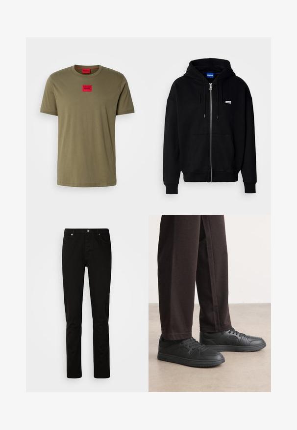 Schwarze Zip-Hoodie aus weichem Stoff, mit einer Fronttasche, Kordelzugkapuze und einem kleinen weißen Logo auf der linken Brust.; Olivegrünes Baumwoll-T-Shirt mit Rundhals, kurzen Ärmeln und einem roten quadratischen Logo-Patch auf der Brust. Glatte Textur.; Schwarze Jeans mit geradem Bein, vorne mit Knopf- und Reißverschluss, Vorder- und Gesäßtaschen, dargestellt vor einem schlichten hellen Hintergrund.; Schwarze Sneakers mit einer glatten, lederähnlichen Textur, runder Zehenpartie und Schnürdesign. Kombiniert mit dunklen, locker sitzenden Hosen. Flache Gummisohle.