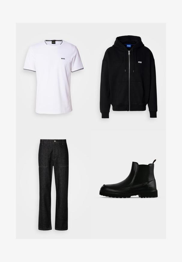 Schwarze Zip-Hoodie aus weichem Stoff, mit einer Fronttasche, Kordelzugkapuze und einem kleinen weißen Logo auf der linken Brust.; Weißes Baumwoll-T-Shirt mit kurzen Ärmeln, das über einen runden Halsausschnitt und schwarze Streifen am Kragen und den Ärmelabschlüssen verfügt. Kleines "BOSS"-Logo auf der Brust.; Schwarze Jeans mit geradem Bein, sichtbaren Nähten und einem Frontknopfverschluss. Enthält zwei Seitentaschen und zwei Gesäßtaschen.; Schwarzer Lederknöchelstiefel mit strukturierter Sohle, elastischen Seitenteilen und Zuglasche vor einem hellgrauen Hintergrund.