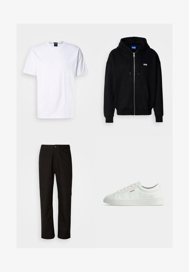 Schwarze Zip-Hoodie aus weichem Stoff, mit einer Fronttasche, Kordelzugkapuze und einem kleinen weißen Logo auf der linken Brust.; Weißes Baumwoll-T-Shirt mit Rundhalsausschnitt und kurzen Ärmeln. Verfügt über ein dezentes Logo, das in heller Farbe auf der Vorderseite gedruckt ist. Klassische Passform.; Schwarze Baumwollhosen mit geradem Schnitt, Gürtelschlaufen, einem Reißverschluss vorne und einem einzelnen Knopfverschluss. Glatte Textur ohne sichtbare Muster.; Weißer Sneaker mit niedrigem Schaft und Schnürung sowie rotem "HUGO" Logo an der Seite vor weißem Hintergrund.