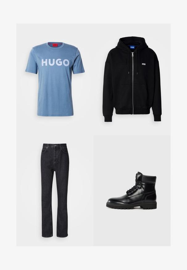 Schwarze Zip-Hoodie aus weichem Stoff, mit einer Fronttasche, Kordelzugkapuze und einem kleinen weißen Logo auf der linken Brust.; Helles blaues Baumwoll-T-Shirt mit kurzen Ärmeln, mit einem großen weißen "HUGO"-Logo auf der Vorderseite. Einfacher Rundhalsausschnitt, glatte Textur.; Hochtaillierte schwarze Jeans aus Denim mit Knopf- und Reißverschluss, Vorder- und Hintertaschen sowie einer geraden Passform.; Schwarze Lederstiefelette mit glänzender Oberfläche, Schnürdesign, gepolstertem Kragen und einer robusten Gummisohle mit Traktionsnoppen.