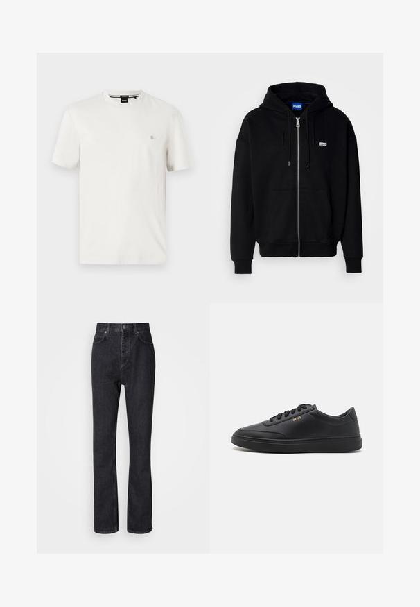 Hoodie zippé noir en tissu doux, avec une poche avant, une capuche à cordon et un petit logo blanc sur la poitrine gauche.; T-shirt en coton blanc avec un col rond, des manches courtes et une petite étiquette logo sur la poitrine gauche. Texture lisse, coupe régulière.; Jean en denim noir taille haute avec fermeture à bouton et à glissière, poches avant et arrière, et coupe droite.; Baskets en cuir noir avec une texture lisse, bout rond, semelle en caoutchouc plate et lacets ton sur ton. Présente une marque "BOSS" dorée sur le côté.