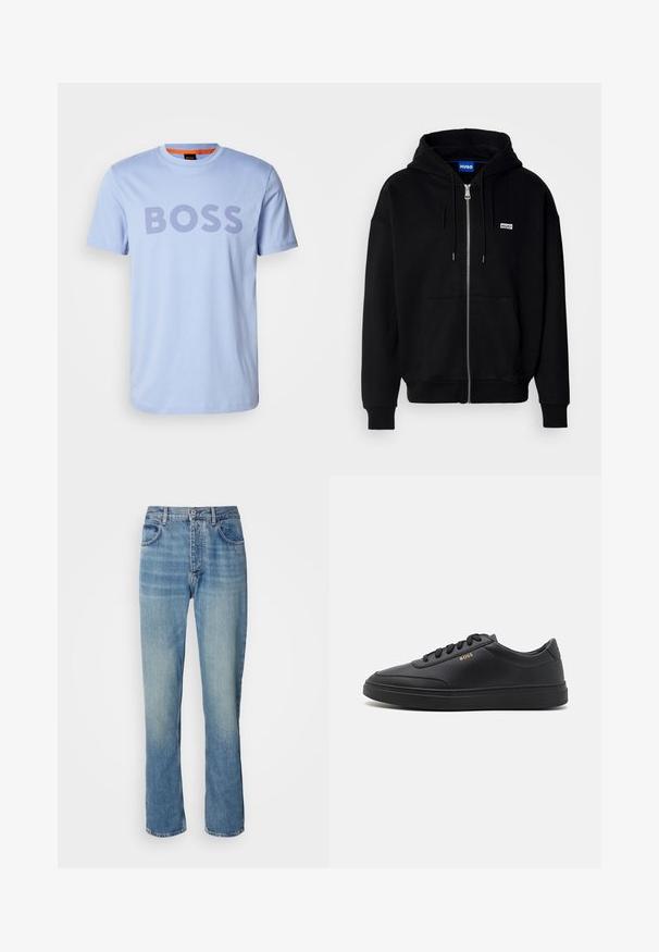 Must mustaga hoodie, mis on valmistatud pehmest kangast, millel on eesmine tasku, nööriga kapuuts ja väike valge logo vasakul rinnal.; Heled sinine puuvillane T-särk, millel on ümmargune kaelus ja lühikesed varrukad, esitleb silmapaistvalt sõna "BOSS" tugevalt tumelilla täheke.; Heledad sinine sirge säärega teksapüksid kõrge vöökohaga, ees nupuga, tõmbluku sulgemisega ja viie taskuga disain.; Mustad nahkspordijalatsid siledast materjalist, ümarate varvastega, tasase kummist tallaga ja tooni sobivate paeltega. Küljes on kuldne "BOSS" bränding.
