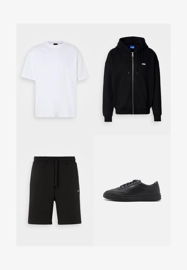 Sort hættejakke med lynlås lavet af blødt stof, med en forlomme, snoretræk i hætten og et lille hvidt logo på venstre bryst.; Hvid bomulds T-shirt med rund hals, korte ærmer og en afslappet pasform. Har strukturerede skuldersømme for ekstra detaljer.; Sorte bomulds shorts med elastisk talje og snøre. Har sidelommer og et lille logo foran. Glat tekstur.; Sorte lædersneakers med en glat overflade, rund tå, flad gummisål og tonede snørebånd. Udstyret med guld "BOSS" branding på siden.
