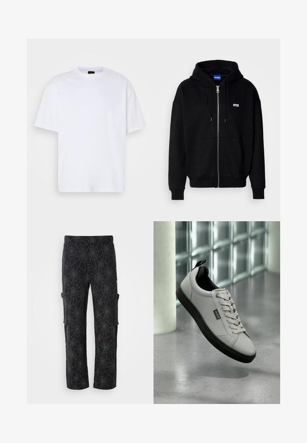 Sort hættejakke med lynlås lavet af blødt stof, med en forlomme, snoretræk i hætten og et lille hvidt logo på venstre bryst.; Hvid bomulds T-shirt med rund hals, korte ærmer og en afslappet pasform. Har strukturerede skuldersømme for ekstra detaljer.; Cargo bukser i sort stof med et edderkoppespin mønster i mørkegrå; har sidelommer og en afslappet pasform med et lige ben design.; Lys grå sneakers lavet af glat læder, med sorte detaljer og en gummisål. Snørebåndene er pænt bundet, og et mærkelabel er synligt.