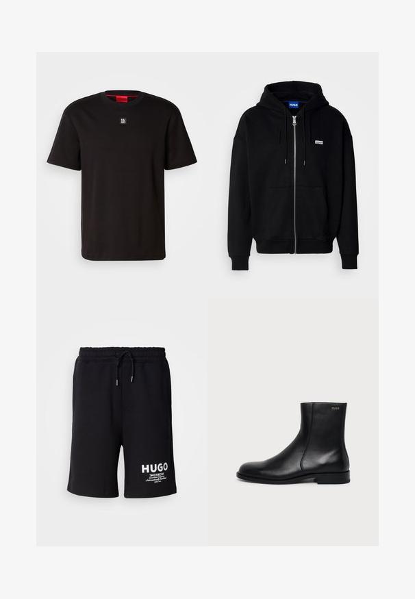 Hoodie zippé noir en tissu doux, avec une poche avant, une capuche à cordon et un petit logo blanc sur la poitrine gauche.; HUGO DALILE - T-shirt basique - black; Shorts en coton noir avec une taille élastique et un cordon de serrage. Logo "HUGO" blanc sur la jambe gauche. Design simple, coupe à hauteur du genou.; Bottine en cuir noir à talon bas, couture latérale et petit logo "HUGO" sur le revers supérieur sur un fond uni.