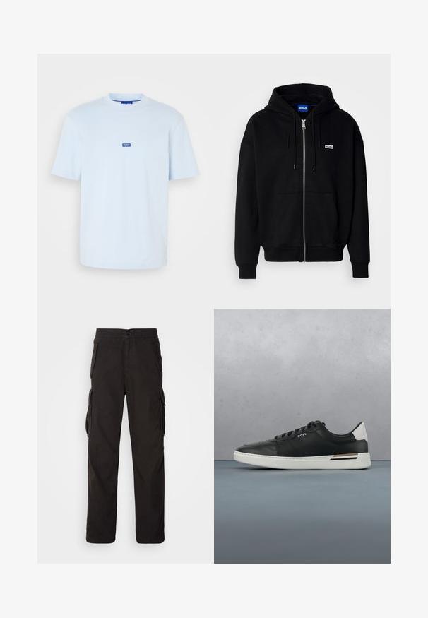 Schwarze Zip-Hoodie aus weichem Stoff, mit einer Fronttasche, Kordelzugkapuze und einem kleinen weißen Logo auf der linken Brust.; Hellblaues Baumwoll-T-Shirt mit Rundhalsausschnitt und kurzen Ärmeln; verfügt über ein kleines blaues Logolabel in der Mitte vorne.; Schwarze Cargo-Hose mit geradem Schnitt, elastischem Bund, mehreren Seitentaschen und einem strukturierten Stoff für hohe Langlebigkeit.; Schwarze Ledersneaker mit weißer Sohle, ausgestattet mit Perforationen, Schnürdesign, Logo an der Seite und kontrastierenden Fersendetails in Weiß und Braun.