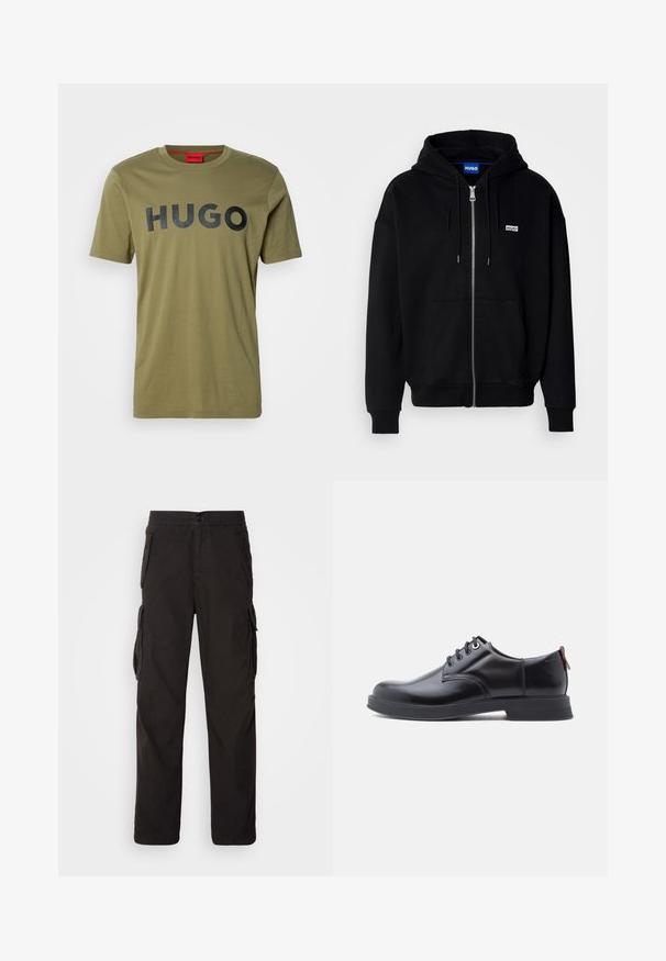 Zwarte ritshoodie van zacht materiaal, met een voorkantzak, een capuchon met koorden en een klein wit logo op de linkerborst.; Olijfgroene katoenen t-shirt met een ronde hals en een vet zwart "HUGO" logo over de borst, korte mouwen en een gladde textuur.; Zwarte cargobroek met een rechte snit, elastische tailleband, meerdere zijzakken en een textiele stof voor duurzaamheid.; Zwarte leren veter schoenen met een gladde textuur, ronde neus en subtiel stiksel detail. Voorzien van een rode trekband op de hiel.