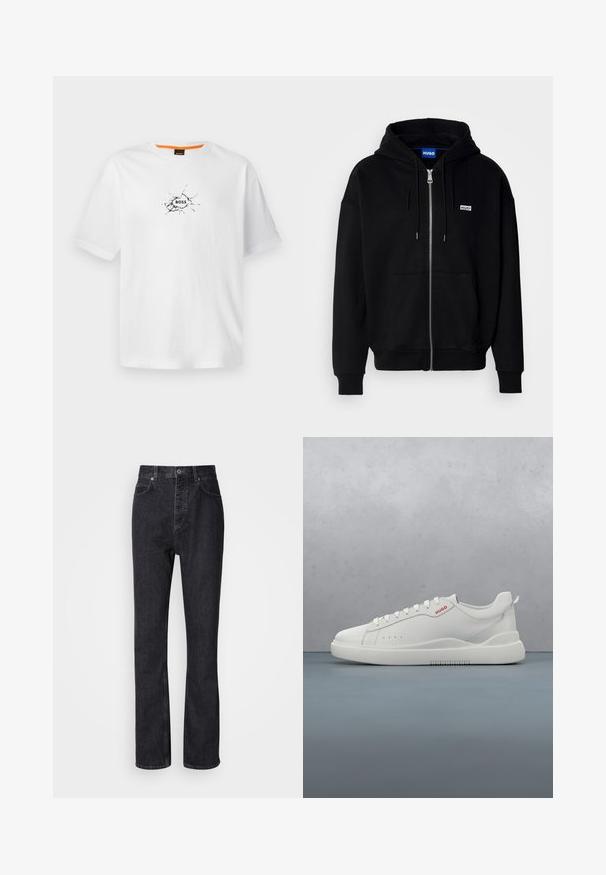 Zwarte ritshoodie van zacht materiaal, met een voorkantzak, een capuchon met koorden en een klein wit logo op de linkerborst.; Witte katoenen t-shirt met een ronde hals, voorzien van een zwart gebarsten ontwerp en het woord "BOSS" in het midden. Korte mouwen.; Hoge taille zwarte denim jeans met een knoop- en ritssluiting, voor- en achterzakken en een rechte pasvorm.; Witte sneaker met een gladde leren afwerking, ronde neus, vier veterogen, subtiele perforaties en een rood logo detail aan de zijkant.