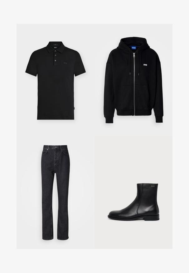 Zwarte ritshoodie van zacht materiaal, met een voorkantzak, een capuchon met koorden en een klein wit logo op de linkerborst.; Zwarte slim-fit poloshirt met drie knopen, korte mouwen en een subtiel "BOSS"-logo op de borst en binnen de kraag.; Hoge taille zwarte denim jeans met een knoop- en ritssluiting, voor- en achterzakken en een rechte pasvorm.; Zwarte leren enkellaars met lage hak, zijstiksels en klein "HUGO" logo op de bovenste boord tegen een effen achtergrond.