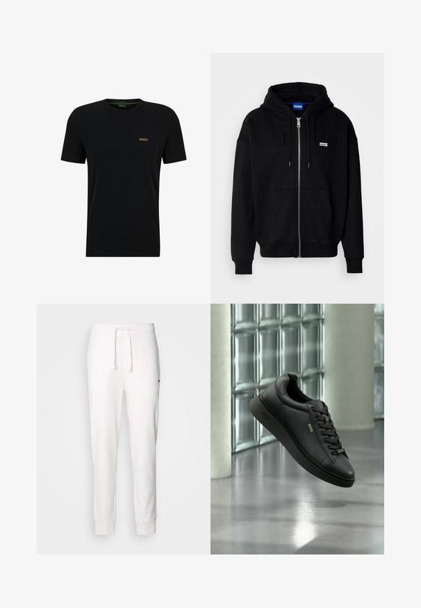 Sudadera con cremallera negra hecha de tejido suave, con un bolsillo frontal, capucha con cordón y un pequeño logo blanco en el lado izquierdo del pecho.; Camiseta de algodón negra con cuello redondo, mangas cortas y un pequeño logo dorado en el lado izquierdo del pecho. Textura suave y diseño sencillo.; Pantalones de chándal blancos de algodón con cintura elástica, cordón ajustable y puños acanalados. Presentan un pequeño logo negro en el lateral.; Zapatilla BOSS de cuero negro con cordones flotando en el interior frente a una pared de bloques de vidrio y con suelo de hormigón de fondo.