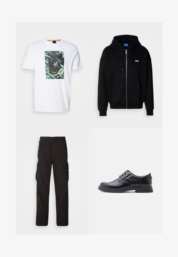Must mustaga hoodie, mis on valmistatud pehmest kangast, millel on eesmine tasku, nööriga kapuuts ja väike valge logo vasakul rinnal.; Valge puuvillane t-särk, millel on silmapaistev must pantri graafika rohelise lehestiku keskel, koos kuldse ketiga ja brändingu detailiga.; Must have mustreid püksid, millel on sirge lõige, elastne vöökoht, mitmed küljetaskud ja tekstuuriga kanga tugevdamiseks.; Mustad nahast paeltega kingad, millel on sile tekstuur, ümar nina ja peen õmblusdetail. Kandjal on punane tõmblint kandlas.