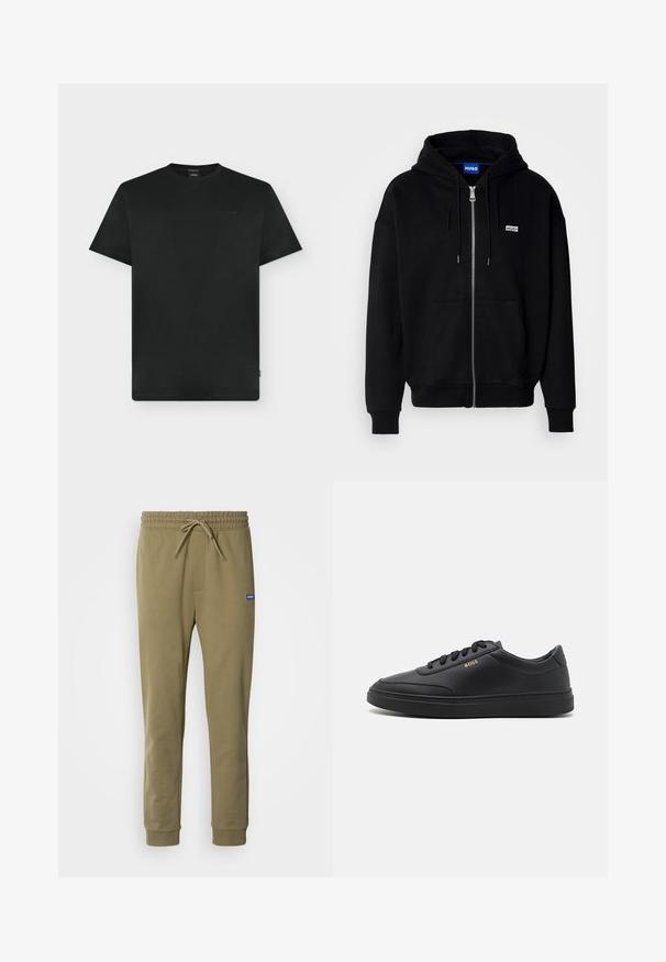 Sudadera con cremallera negra hecha de tejido suave, con un bolsillo frontal, capucha con cordón y un pequeño logo blanco en el lado izquierdo del pecho.; Camiseta negra lisa de manga corta y cuello redondo con logo de la marca en relieve sutil en el pecho izquierdo y pequeña etiqueta lateral.; Pantalones de chándal verde olivo con cintura elástica y cordón. Cuenta con bolsillos laterales y puños acanalados. Fabricados con material suave y elástico.; Zapatillas de cuero negro con una textura suave, punta redondeada, suela plana de goma y cordones a tono. Presentan el logotipo dorado "BOSS" en el lateral.