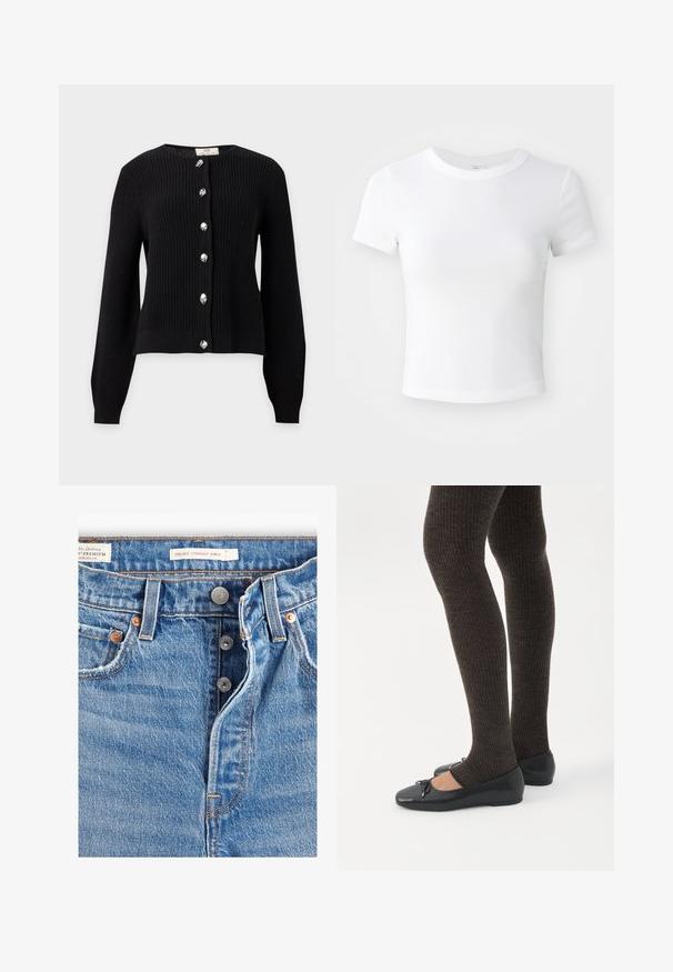 Zwarte gebreide cardigan met lange mouwen, zes zilveren decoratieve knopen aan de voorkant en een ronde hals.; Effen witte cropped t-shirt met korte mouwen en ronde hals, weergegeven op een neutrale lichte achtergrond.; Lichtblauwe spijkerbroek met een rechte enkelafwerking. Bevat vijf zakken, twee metalen knopen en zichtbare oranje stiksels. Labels aanwezig.; Benen met donkere geribbelde leggings gecombineerd met zwarte ballerina's met kleine strikdetails op een witte achtergrond.
