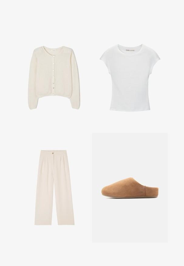 Cardigan en maille douce de couleur crème avec manches longues et sept boutons à l'avant, doté d'un col rond, de poignets et d'un ourlet côtelés.; T-shirt en coton blanc avec manches courtes retroussées, encolure ronde et ourlet droit. Texture lisse sans motifs ni accents visibles.; Pantalons beige à jambes larges avec une texture douce, présentant une fermeture à bouton à l'avant, des plis à la taille et une ceinture arrière élastiquée.; Chausson en suède beige à enfiler, avec bout fermé, talon ouvert, semelle plate et petit logo UGG sur le côté, montré de profil.
