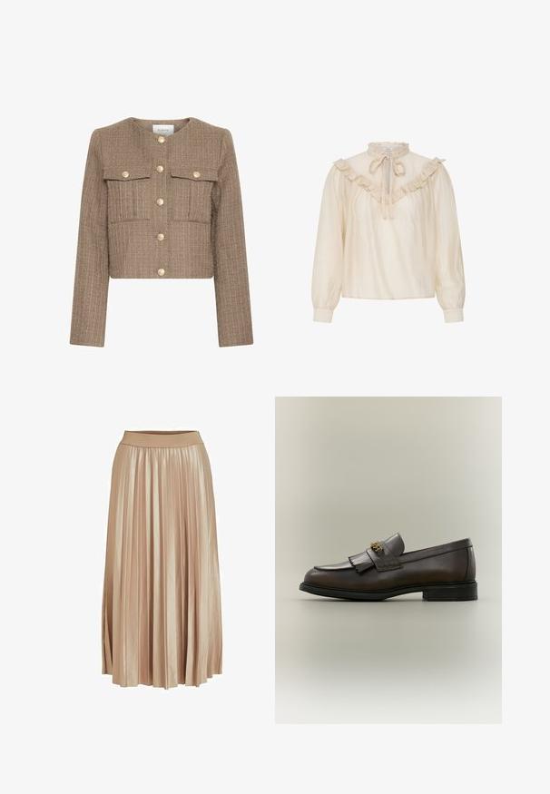 Veste courte en tissu texturé marron, avec un col rond, des manches longues, deux poches poitrine et des fermetures à bouton doré.; Blouse crème à manches longues avec col à volants, détail volanté sur la poitrine et poignets avec fermeture par bouton.; Jupe midi plissée en satin beige clair. Dotée d'une large taille élastique et de plis verticaux élégants sur toute sa longueur.; Mocassin en cuir marron foncé avec détail à franges et boucle dorée sur semelle noire, vu de côté sur un fond neutre.