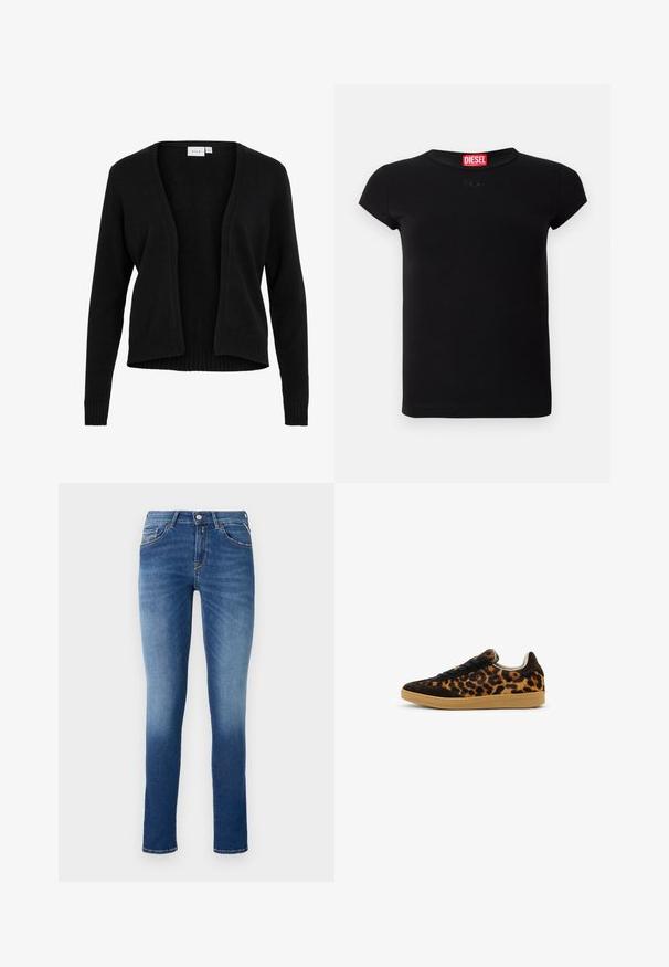 Schwarze Strickjacke mit weicher Textur, offener Frontgestaltung, langen Ärmeln und gerippten Details am Saum und an den Bündchen.; Schwarzes, tailliertes Kurzarm-T-Shirt mit Rundhalsausschnitt und rotem Diesel-Logo-Tag im Kragen.; Blaue Jeans aus Denim im Slim-Fit-Schnitt, mit mittelhohem Bund, fünf Taschen und einem leichten Verblassen von Oberschenkel bis Saum.; Niedrige Sneakers mit Leopardenmuster aus Stoff, schwarzen Wildleder-Akzenten, schwarzen Schnürsenkeln und einer beige Gummisohle, seitlich vor einem weißen Hintergrund dargestellt.