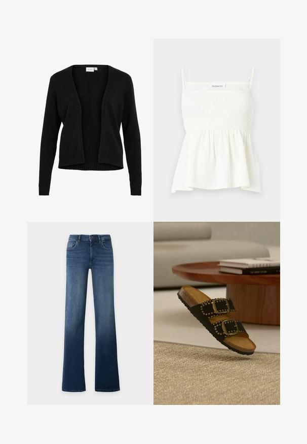 Sort cardigan med en blød tekstur, åben frontdesign, lange ærmer og ribbet detaljering ved kanten og manchetterne.; Hvid ærmeløs top med smocket krop, tynde stropper og en udvidet kant, mærket "Even&Odd" på brystet.; Blå højtaljede, lige ben jeans med knap- og lynlåslukning, for- og baglommer, vist på en ensfarvet lys baggrund.; Sort slidesandal med to nittebesatte remme og gyldne spænder, der hviler på et beige tæppe nær et rundt træ-sofabord med bøger.