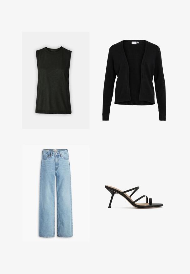 Sort cardigan med en blød tekstur, åben frontdesign, lange ærmer og ribbet detaljering ved kanten og manchetterne.; Sort, ærmeløs top lavet af blødt stof med en rund halsudskæring og en afslappet pasform. Simpelt design uden synlige mønstre eller hardware.; Højtaljede, lyseblå, vide bukser med knap og lynlås fortil, bæltestropper og fem lomme-stil.; Sort højhælet sandal med tre tynde stropper og en tæeløkke, der har en firkantet åben tå og en slank stiletthæl.