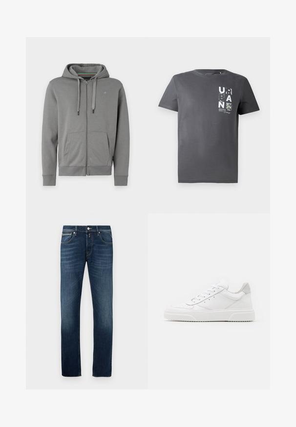 Graue Zip-up Hoodie aus weichem Stoff, mit Kapuze, zwei Fronttaschen und gerippten Bündchen, mit einem Logo auf der linken Brust.; TOM TAILOR DENIM T-Shirt print - ash grey; Dunkelblaue Gerade geschnittene Jeans mit leichter Ausbleichung an den Oberschenkeln, fünf Taschen und einem metallenen Knopfverschluss an der Taille.; Weiße Leder-Sneaker mit glatter Oberfläche, rundem Zehenbereich, flachen Schnürsenkeln und strukturiertem Schuhsohlen. Graues Wildleder-Detail an der Ferse.