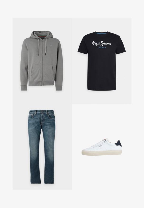 Grijze zip-up hoodie van zacht materiaal, met een capuchon, twee voorzakken en ribbelmanchetten, met een logo op de linkerborst.; Zwart katoenen T-shirt met een witte scriptlogo "Pepe Jeans" en een blauwe accent, ronde hals en korte mouwen. Eenvoudig, solide ontwerp.; Blauwe denim jeans met een rechte pasvorm, vervaagde wassing, vijf zakken ontwerp en contrasterende stiksels. Knoop- en ritsclosure.; Witte lage sneaker met een beige zool, witte veters, zwarte hielstrook en het logo "Pepe Jeans London" aan de zijkant.