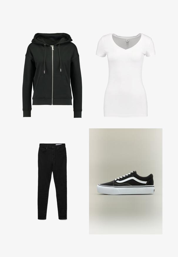 Zwarte zip-up hoodie van zacht materiaal, met een capuchon met trekkoord, ribgebreide cuffs en zoom, en voorzakken. Eenvoudig ontwerp.; G-STAR BASE - T-shirt basic - white; Zwarte denim jeans met een slanke pasvorm, voorzien van een taille op middenhoogte, vijf zakken, metalen knoopsluiting en subtiele stiksel-details.; Lage zwarte sneaker met witte zijstreep, witte veters, witte rubberen zool en gestructureerde neus op een neutrale achtergrond.
