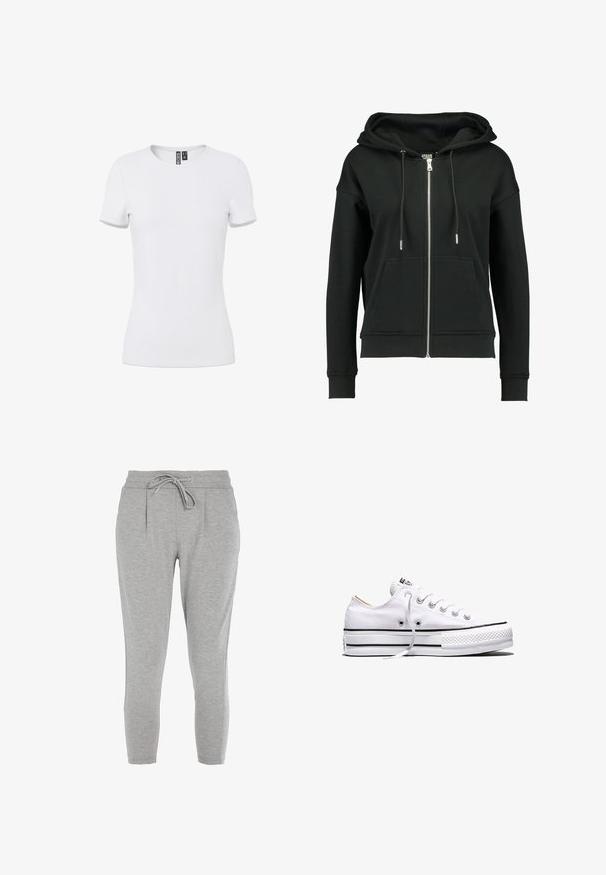 Haut à capuche noir zippé en tissu doux, avec une capuche à cordon de serrage, des poignets et un ourlet côtelés, et des poches frontales. Design simple.; T-shirt blanc ajusté à manches courtes avec col rond et étiquette intérieure visible au niveau du col, présenté sur un fond uni.; Pantalons de jogging gris en tissu doux. Dotés d'une taille élastique avec cordon de serrage, de plis sur les côtés et de chevilles fuselées.; Baskets basses en toile blanche avec lacets blancs, bandes noires sur la semelle et embout en caoutchouc texturé, vue de côté sur fond blanc.