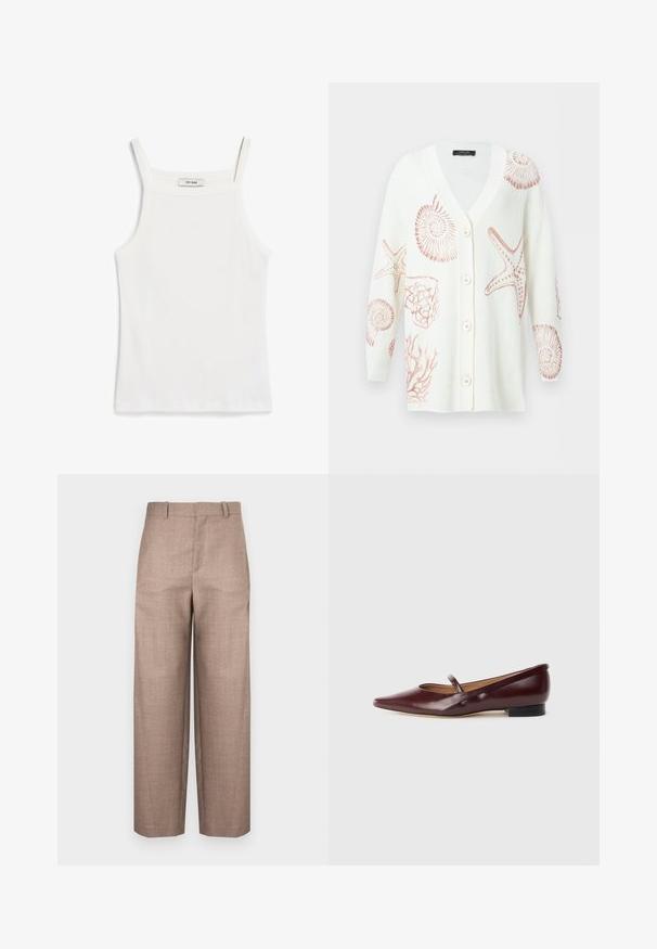Hvid knaplukket cardigan med V-hals med beige havtema-prints, herunder søstjerner, muslinger, koraller og ammonitdesigns.; Hvid tank top med tynde stropper, lavet af ribbet bomuldsstof, med en lige halsudskæring og en ren afslutning i kanten.; Brune, teksturerede bukser med lige ben, der har en talje med midtstigning og ingen synlige beslag eller lommer.; Burgundyrød patenteret lædersko med spids tå og en dekorativ rem over vristen. Har en lav sort hæl.