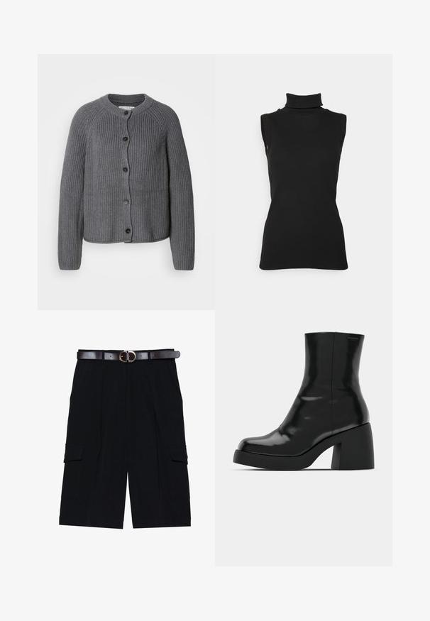 Grå strikket cardigan med rund halsudskæring, knaplukning foran og ribbet tekstur. Har lange ærmer og et cropped design.; Sort ærmeløs turtleneck top lavet af ribbet stof, med høj hals og tætsiddende silhuet. Glat tekstur med minimal detaljering.; Sorte cargo shorts lavet af letvægtsstof, med lige snit, sidelommer og et brunt læderbælte med en sølvspænde.; Sorte ankelstøvler med en blank finish, firkantet tå og en tyk blokhæl. Designet har en strømlinet silhuet og minimal branding.