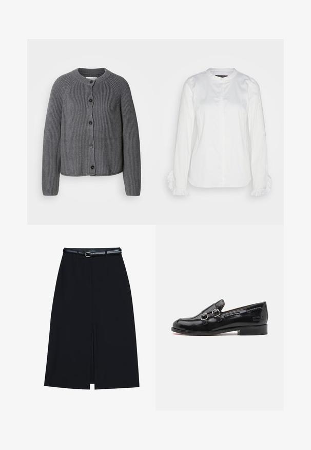 Cárdigan de punto gris con cuello redondo, cierre de botones y textura acanalada. Presenta mangas largas y un diseño cropped.; Camisa blanca de botones hecha de tela suave, con un cuello redondo y puños con volantes. Diseño clásico con mangas largas.; Falda negra hasta la rodilla con una abertura en la parte delantera, hecha de tejido suave. Presenta un delgado cinturón negro con una hebilla plateada y pasadores para el cinturón.; Mocasín de charol negro con acentos de doble hebilla plateada, punta ligeramente redondeada y tacón bajo apilado. Detalle de costura texturizada a lo largo de la parte superior.