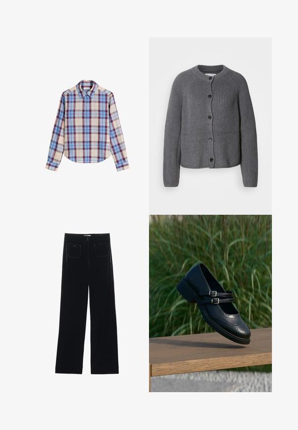 Cardigan gris en maille avec un col rond, fermeture à boutons et texture côtelée. Présente des manches longues et un design court.; Chemise à manches longues avec un motif tartan multicolore incluant des teintes de bleu, de bordeaux et de beige, confectionnée dans un tissu lisse. Col classique.; Pantalons larges en velours noir avec deux poches arrière et une texture lisse, présentant une coupe droite et une finition ourlée aux chevilles.; Chaussure Mary Jane en cuir noir avec doubles brides bouclées et détails brogue, flottant au-dessus d'un banc en bois avec en arrière-plan de l'herbe verte.