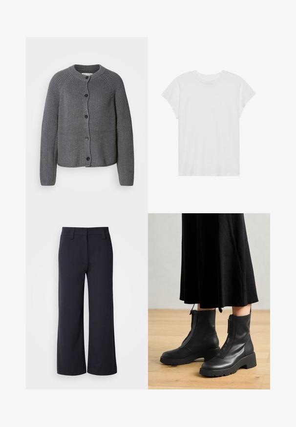 Grå strikket cardigan med rund halsudskæring, knaplukning foran og ribbet tekstur. Har lange ærmer og et cropped design.; Hvid kortærmet t-shirt med rund hals, afslappet pasform, lavet af blødt bomuldsstof. Glat tekstur, ingen mønstre eller logoer.; Bredbenta bukser i mørkeblå stof. Har en glat front, bæltestropper og sidelommer. Materialet er glat med en let stræk.; Sorte læder ankelstøvler med en kraftig platformsål og en frontlynlås. Glat tekstur med et minimalistisk design.