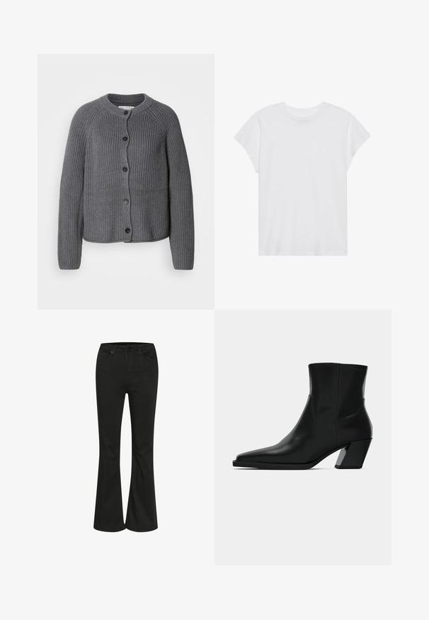 Cardigan gris en maille avec un col rond, fermeture à boutons et texture côtelée. Présente des manches longues et un design court.; T-shirt blanc à manches courtes, col rond, coupe décontractée, en tissu de coton doux. Texture lisse, sans motifs ni logos.; Jean évasé noir avec une texture lisse, présentant un design classique à cinq poches et une fermeture à bouton métallique. Confectionné pour une taille ajustée.; Bottine en cuir noir avec un bout pointu, une silhouette élégante et un talon carré massif. Texture lisse avec des détails de couture minimalistes.