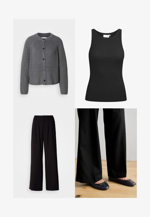 Cardigan gris en maille avec un col rond, fermeture à boutons et texture côtelée. Présente des manches longues et un design court.; Débardeur noir en tissu côtelé, avec un décolleté en forme de rond et une coupe ajustée. Coutures plates et sans ornements. Design simple et épuré.; Pantalon large noir en tissu lisse, avec des plis à l'avant, une taille ajustée, et sans motifs ni accents visibles.; Pantalons larges noirs avec une surface texturée, associés à des chaussures plates ornées d'un nœud et d'un subtil design en croco embossé noir.