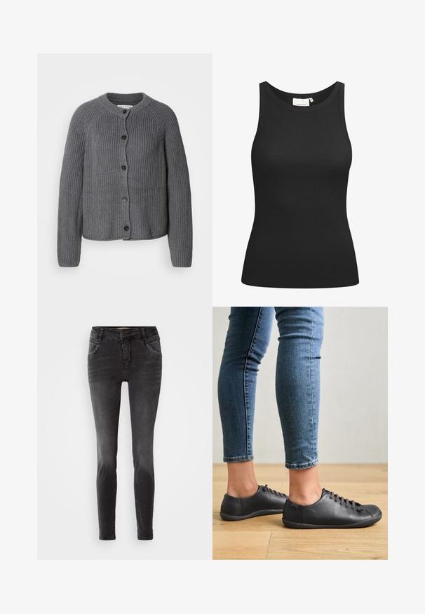 Grauer gestrickter Cardigan mit rundem Ausschnitt, Knopfverschluss und gerippter Textur. Besitzt lange Ärmel und ein kurzes Design.; Schwarzes Tanktop aus Rippstoff mit Rundhalsausschnitt und figurbetonter Passform. Flache Nähte und keine Verzierungen. Einfaches und elegantes Design.; Schwarze Slim-Fit-Jeans aus Denim, mit einem frontalen Knopfverschluss, Nietenverzierungen an den Taschen und einer glatten Textur.; Schwarze Lederschuhe mit runder Zehenform, niedrigem Profil und schnürbarem Design. Kombiniert mit blauen, enganliegenden Jeans und einem Holzboden im Hintergrund.