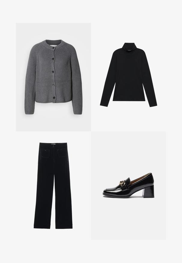 Grå strikket cardigan med rund halsudskæring, knaplukning foran og ribbet tekstur. Har lange ærmer og et cropped design.; Sort turtleneck med lange ærmer. Blødt stof, tætsiddende design, høj krave og sidesøm. Simpel og alsidig stil, der er velegnet til lag-på-lag.; Sorte velour bredbukser med to baglommer og en glat tekstur, der har en lige skæring og syede afslutninger ved anklerne.; Sorte patentlæder hæl loafers med rund tå, kraftigere hæl og en guldfarvet hardwaredetalje på den forreste rem.