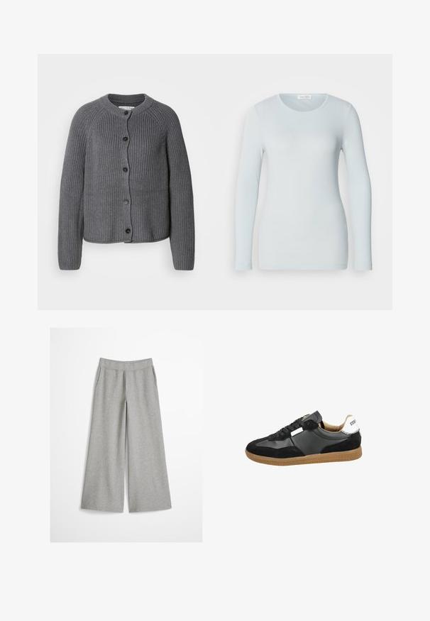 Grå strikket cardigan med rund halsudskæring, knaplukning foran og ribbet tekstur. Har lange ærmer og et cropped design.; Lysblå langærmet T-shirt lavet af ribbet stof. Har en rund halsudskæring og en slim fit. Glat tekstur uden synlige mønstre eller pynt.; Lysegrå bukser med vide ben og elastisk taljebånd, lavet af blødt strikket stof, vist på en ensfarvet hvid baggrund.; Sort sneaker med ruskind og lædermaterialer, der har en gummisål, fremtrædende snøring og en hvid detalje ved hælen.
