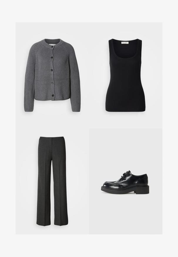 Grå strikket cardigan med rund halsudskæring, knaplukning foran og ribbet tekstur. Har lange ærmer og et cropped design.; Sort ribbet tanktop med rund halsudskæring, brede skulderstropper og en tætsiddende pasform. Label bagpå med teksten "Marc O'Polo."; Bredde ben bukser i mørkegrå, lavet af struktureret stof. Har en tætsiddende talje og et subtilt nålestribemønster.; Sorte læder oxford sko med rund tå, snørebåndsdesign og en tykk sort gummisål. Glat tekstur og minimale syninger.