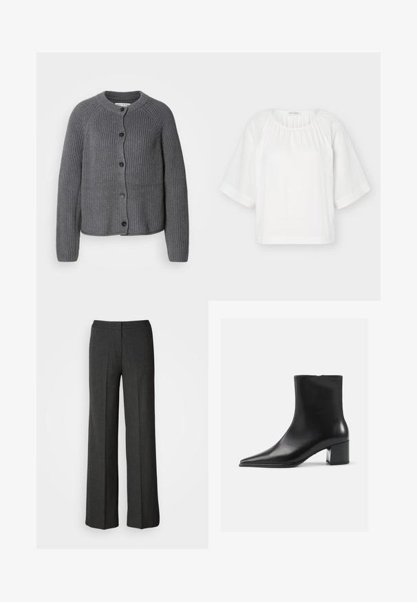Cardigan gris en maille avec un col rond, fermeture à boutons et texture côtelée. Présente des manches longues et un design court.; Blouse blanche ample avec encolure ronde, tissu froncé au col et larges manches mi-longues avec des détails de couture horizontaux.; Pantalons larges en gris foncé, fabriqués à partir d'un tissu texturé. Dotés d'une taille ajustée et d'un subtil motif à rayures.; Bottine en cuir noir avec un bout pointu, texture lisse et un talon bloc moyen. Design minimaliste, fermeture éclair à l'arrière.