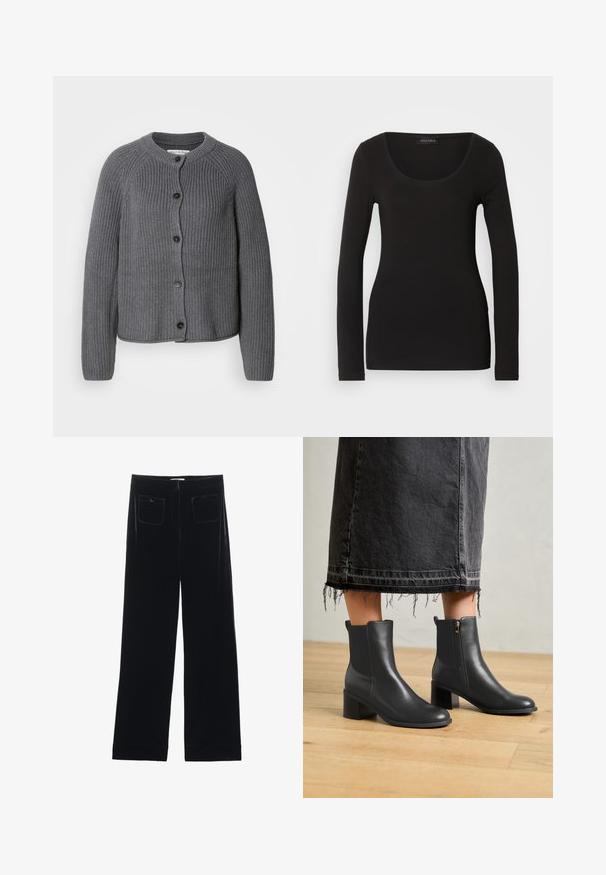 Grå strikket cardigan med rund halsudskæring, knaplukning foran og ribbet tekstur. Har lange ærmer og et cropped design.; Sort langærmet top med en rund halsudskæring, lavet af blødt, strækbart stof. Har en tætsiddende pasform og glat tekstur. Brandlabel synlig.; Sorte velour bredbukser med to baglommer og en glat tekstur, der har en lige skæring og syede afslutninger ved anklerne.; Sorte læder ankelsko med rund tå og blokhæel. Har en lynlås i siden og en glat tekstur. Båret med en flosset denimnederdel.