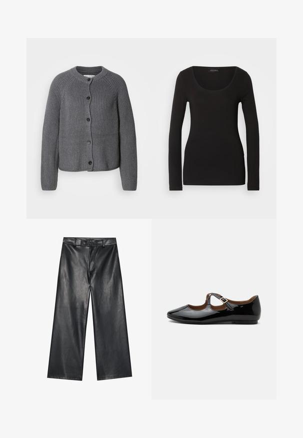 Grå strikket cardigan med rund halsudskæring, knaplukning foran og ribbet tekstur. Har lange ærmer og et cropped design.; Sort langærmet top med en rund halsudskæring, lavet af blødt, strækbart stof. Har en tætsiddende pasform og glat tekstur. Brandlabel synlig.; Sorte læder bukser med brede ben og en glat tekstur, bæltestropper og en frontlynlås. Har en løs pasform og rene syninger.; Sort laklæder Mary Jane-flad sko med to udskæringer og en guldbuckelrem på hvid baggrund.