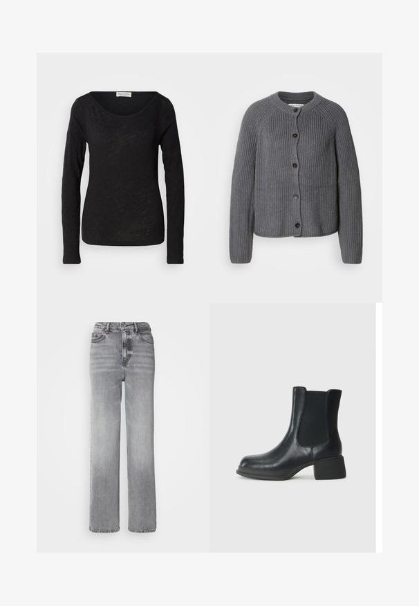 Grå strikket cardigan med rund halsudskæring, knaplukning foran og ribbet tekstur. Har lange ærmer og et cropped design.; Sort langærmet top lavet af et let, tekstureret stof. Har en scoop-halsudskæring og en tætsiddende silhuet med minimal detaljering.; Grå højtaljede jeans med lige ben, lys slid og klassisk fem-lomme design med metalknaplukning.; Sort læder ankelstøvle med elastiske sidepaneler, rund tå og en lav blokhæl. Overfladen har en glat struktur og minimal detaljer.