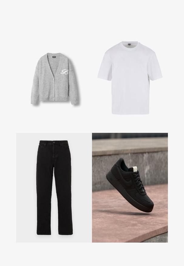Grå uld cardigan med V-hals, lange ærmer, fem knapper og et hvidt logo på venstre side. Blød tekstur, afslappet pasform.; Hvid kortærmet t-shirt lavet af bomuld. Har en rund halsudskæring og en afslappet pasform. Glat tekstur, minimalistisk design, ingen mønstre eller accenter.; Sorte denim jeans med lige ben design, der har knaplukning, bæltestropper og klassisk fem-lomme stil.; Sort Nike Air Force 1 sneaker, der svæver over en lyserød betonforkant med en grå stenet baggrund, som viser sidde- og topdetaljer.