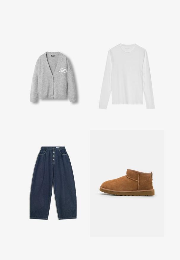 Grijze wollen cardigan met een V-hals, lange mouwen, vijf knopen en een wit logo aan de linkerkant. Zachte textuur, relaxte pasvorm.; Wit T-shirt met lange mouwen gemaakt van zacht katoen, met een ronde halslijn en een gladde textuur zonder zichtbare patronen of accenten.; Donkerblauwe denim brede broek met een hoge taille, vijfknopen sluiting en vijf zakken. Heeft stiksels op de naden.; Tan suède enkellaars met een ronde neus, subtiele stiksels en een gestructureerde rubberen zool. Korte hoogte zonder veters.
